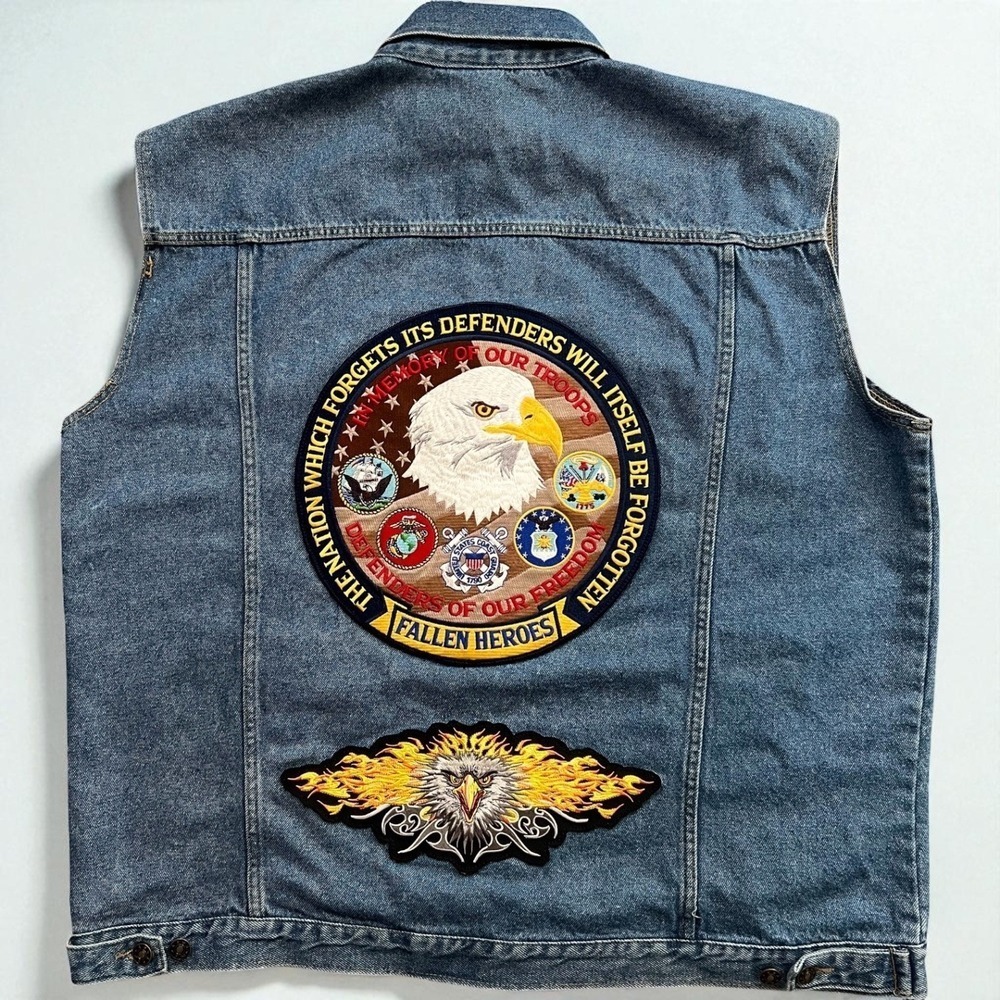 Denim Vest American Flag Eagle Patches Biker Sleeveless Jacket 4XL